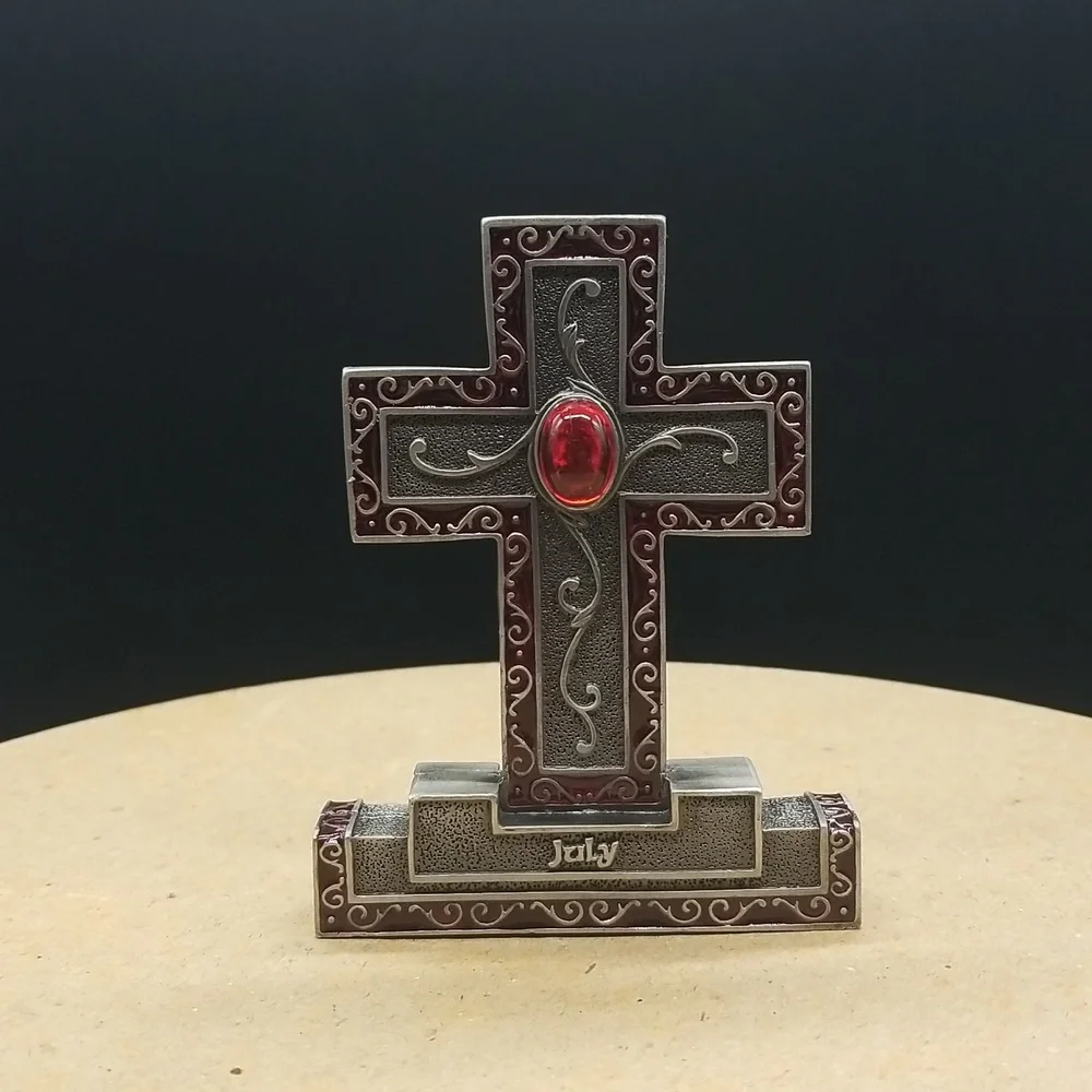 Ornate Pewter 2003 "July" Birthday Ruby Red Gemstone Standing Cross Statue - Picture 5 of 11